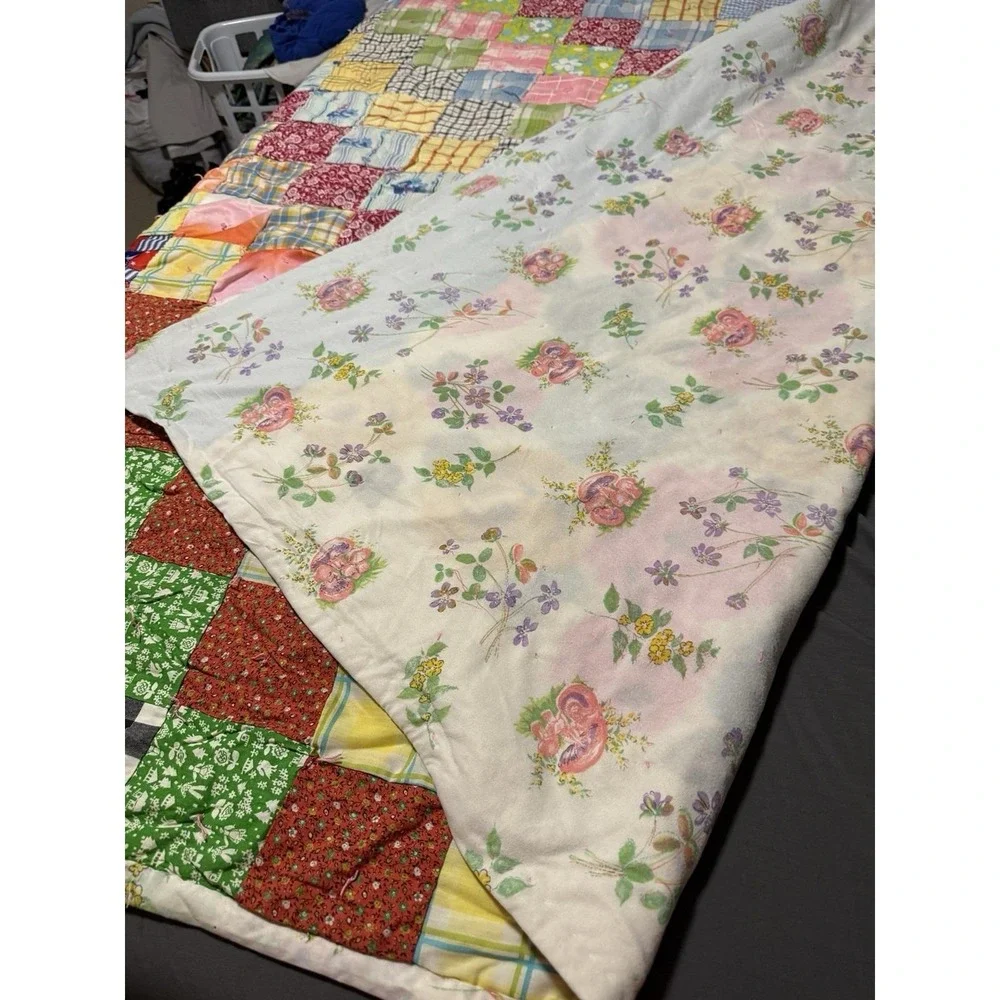 Vintage Handmade Patchwork Quilt Multi-Color Floral Plaid Gingham Hand-Tied Boho